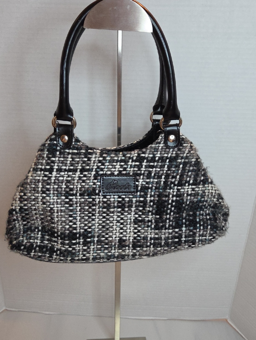 Roots Black and White Tweed Shoulder Bag with Black Handles